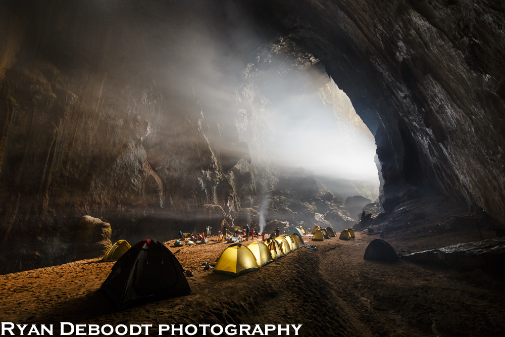 The first camp inside Hang Son Doong with clouds coming in from the first doline.
