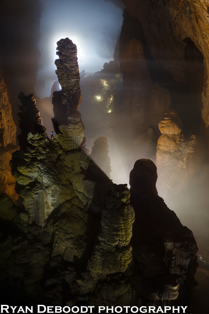 Enormous stalagmites in Hang Son Doong. These might very well be the largest stalagmites in the world, standing at 80 meters high.